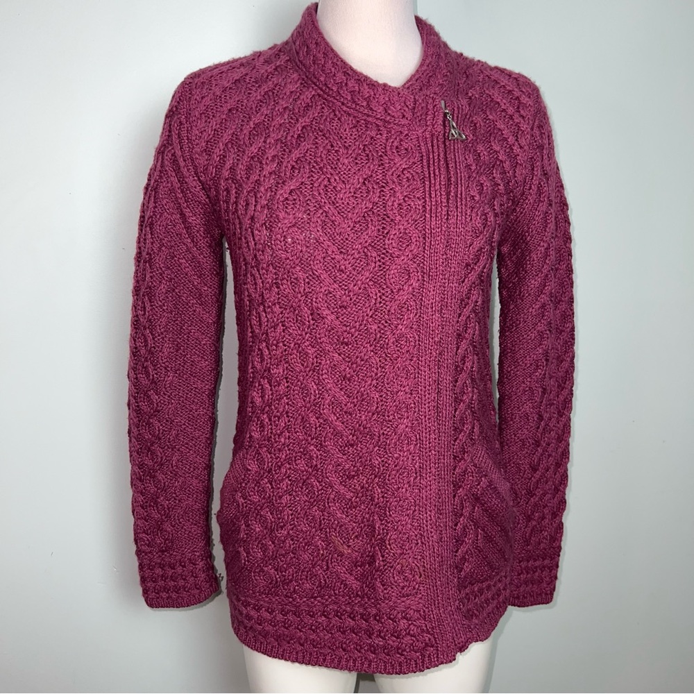 Aran Crafts Ireland Super Soft Merino Wool Celtic Knit Zip Cardigan Sweater M